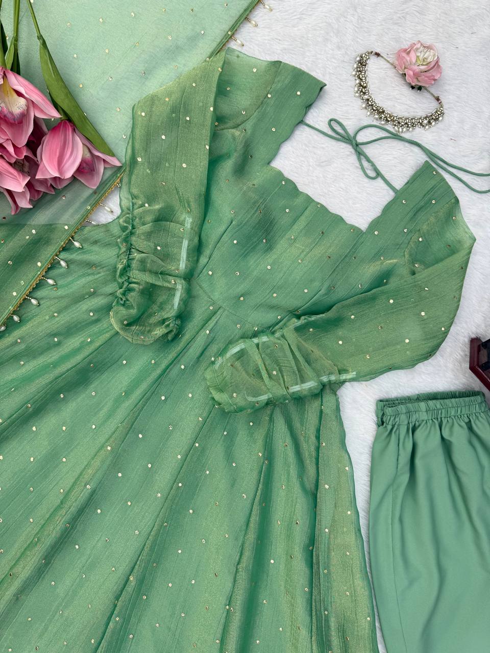 Sage Green Foil Work Gown Set with Pants & Dupatta