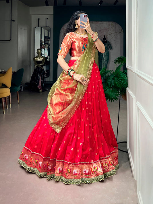 Paithani Jacquard Silk Lehenga Set with Zari & Embroidered Dupatta