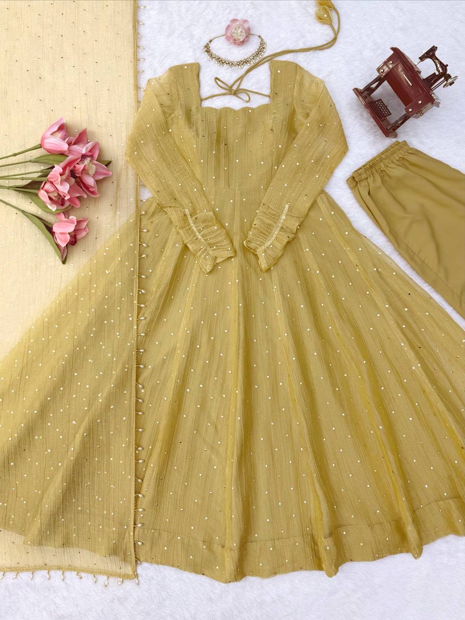 Antique Mustard Foil Work Gown Set with Pants & Dupatta