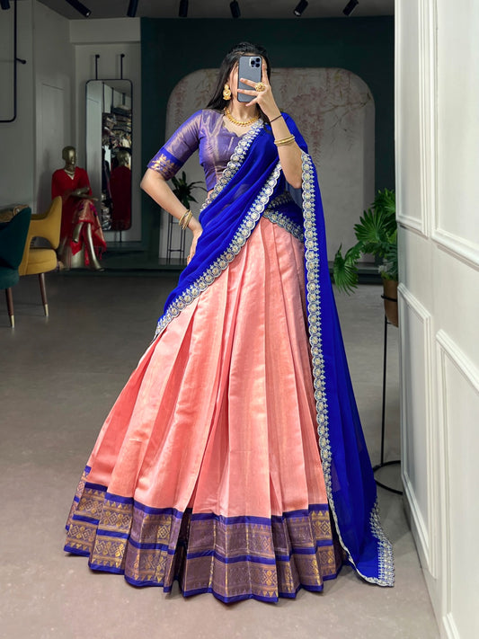 Peach Pink Kanchipuram Lehenga Choli with Zari Weaving & Embroidered Dupatta