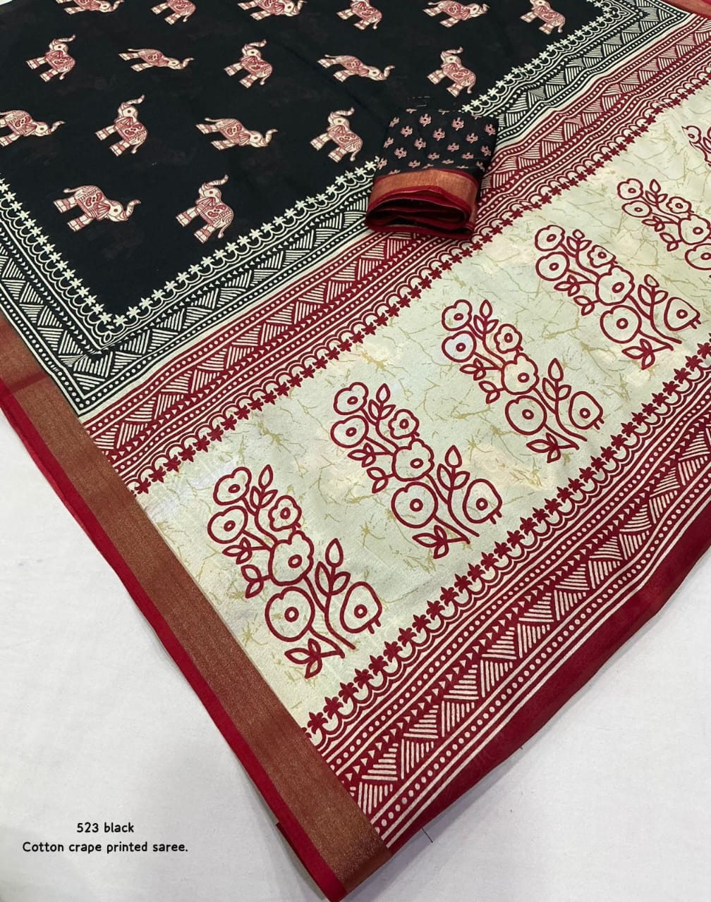 Cotton Crape Elephant Print Saree with Zari Pattu Border