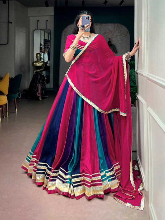 Navarathri Festive Rich Chinon Lehenga with Gotta Patti Lace & 8 Meter Flair