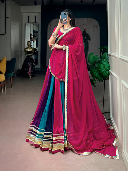 Navarathri Festive Rich Chinon Lehenga with Gotta Patti Lace & 8 Meter Flair
