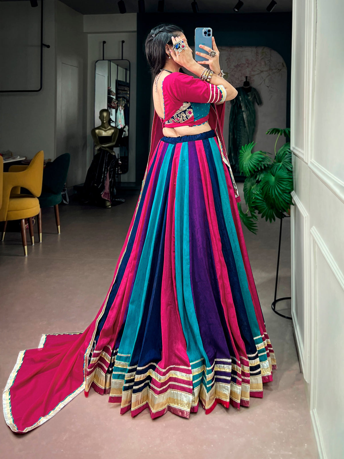 Navarathri Festive Rich Chinon Lehenga with Gotta Patti Lace & 8 Meter Flair