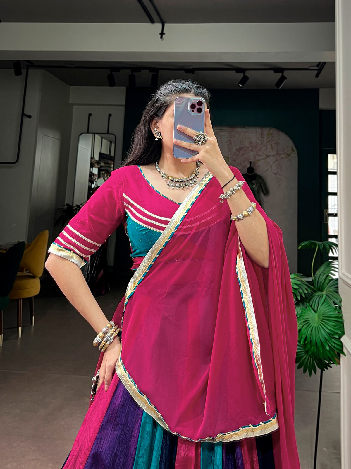 Navarathri Festive Rich Chinon Lehenga with Gotta Patti Lace & 8 Meter Flair