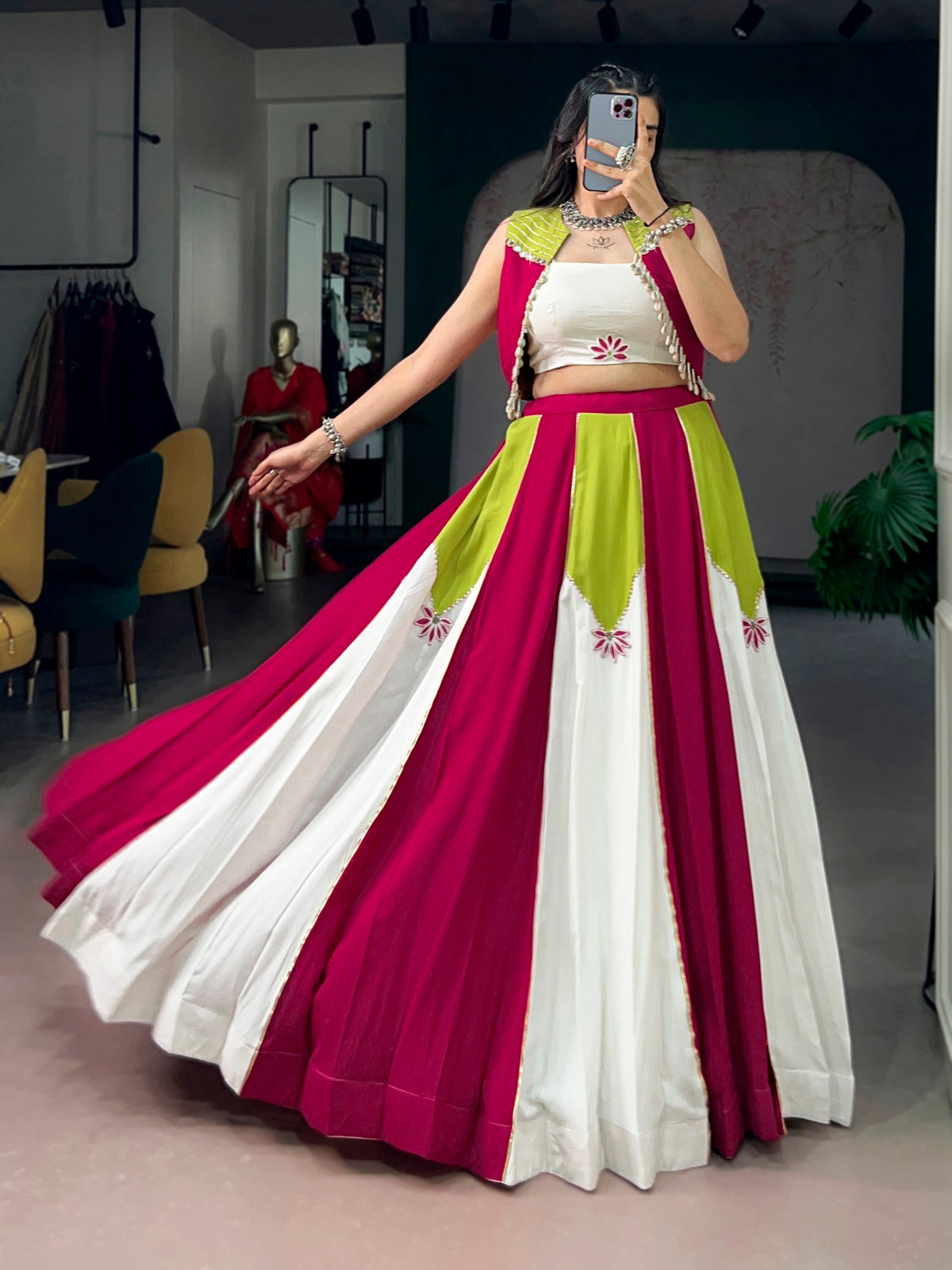 Navarathri Rayon Lehenga Set with Gota Patti, Koti & 6 Meter Flair