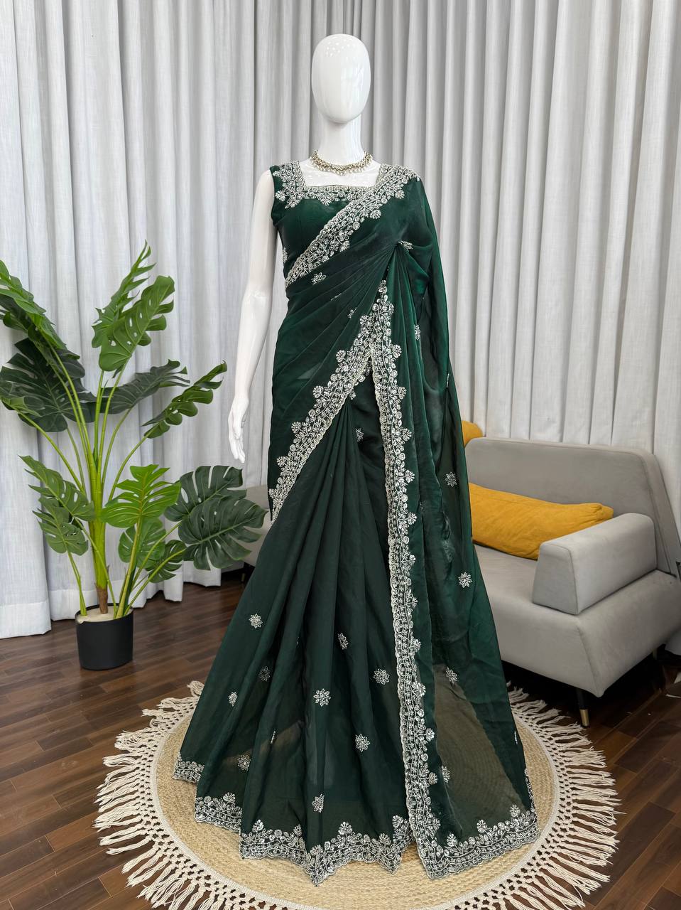 Deep Green Fendy Silk Saree with Heavy Beads & Sequin Work