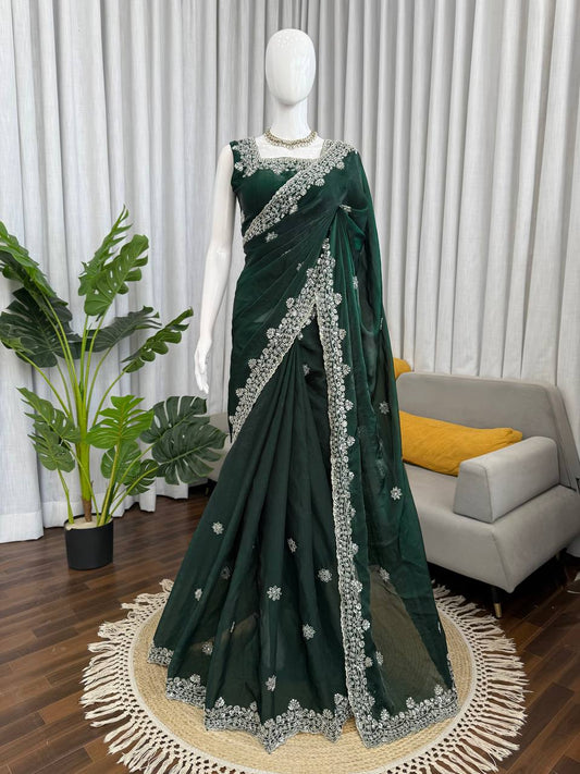 Deep Green Fendy Silk Saree with Heavy Beads & Sequin Work
