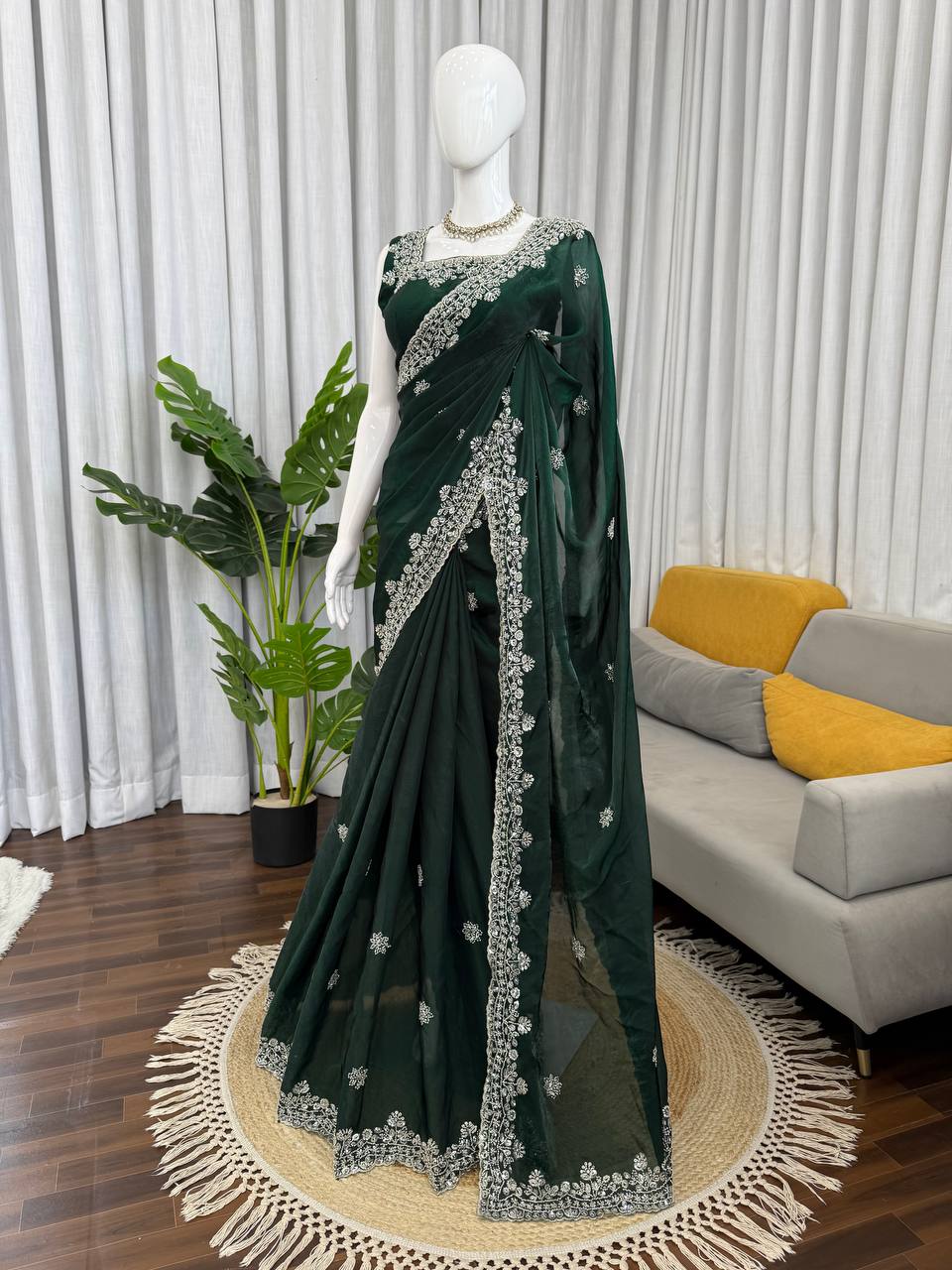 Deep Green Fendy Silk Saree with Heavy Beads & Sequin Work