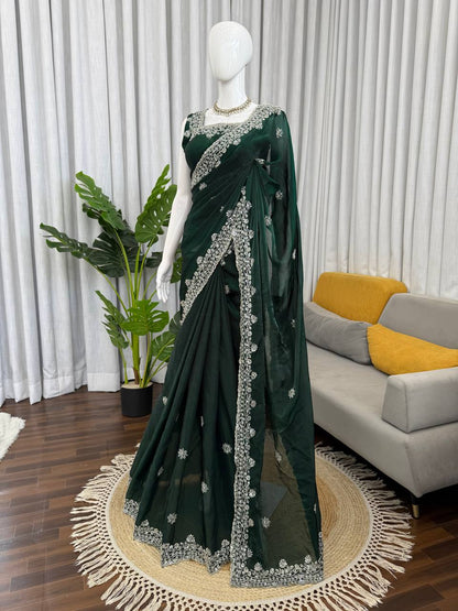 Deep Green Fendy Silk Saree with Heavy Beads & Sequin Work