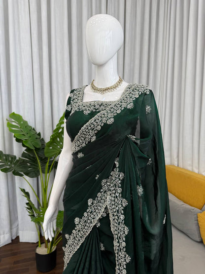 Deep Green Fendy Silk Saree with Heavy Beads & Sequin Work