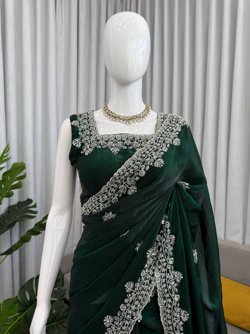 Deep Green Fendy Silk Saree with Heavy Beads & Sequin Work