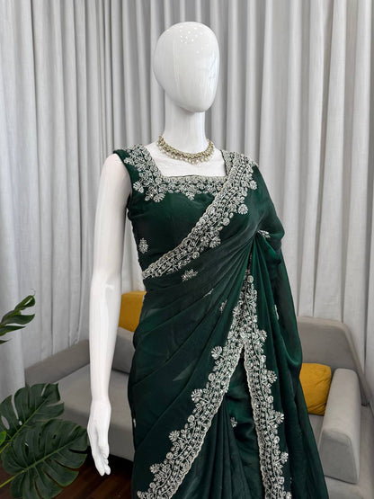 Deep Green Fendy Silk Saree with Heavy Beads & Sequin Work