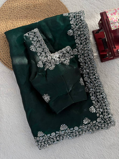 Deep Green Fendy Silk Saree with Heavy Beads & Sequin Work