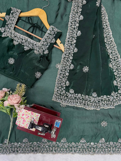 Deep Green Fendy Silk Saree with Heavy Beads & Sequin Work