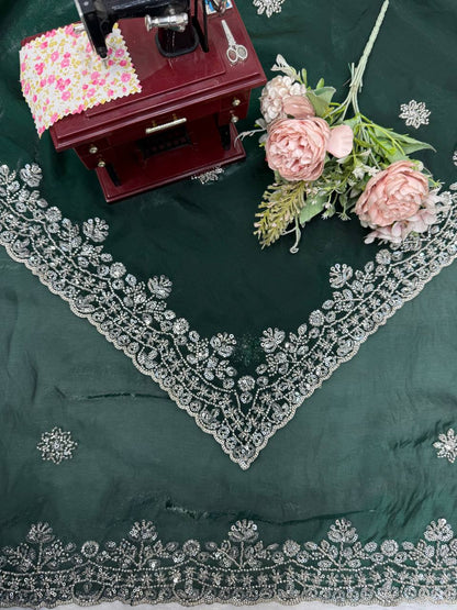 Deep Green Fendy Silk Saree with Heavy Beads & Sequin Work