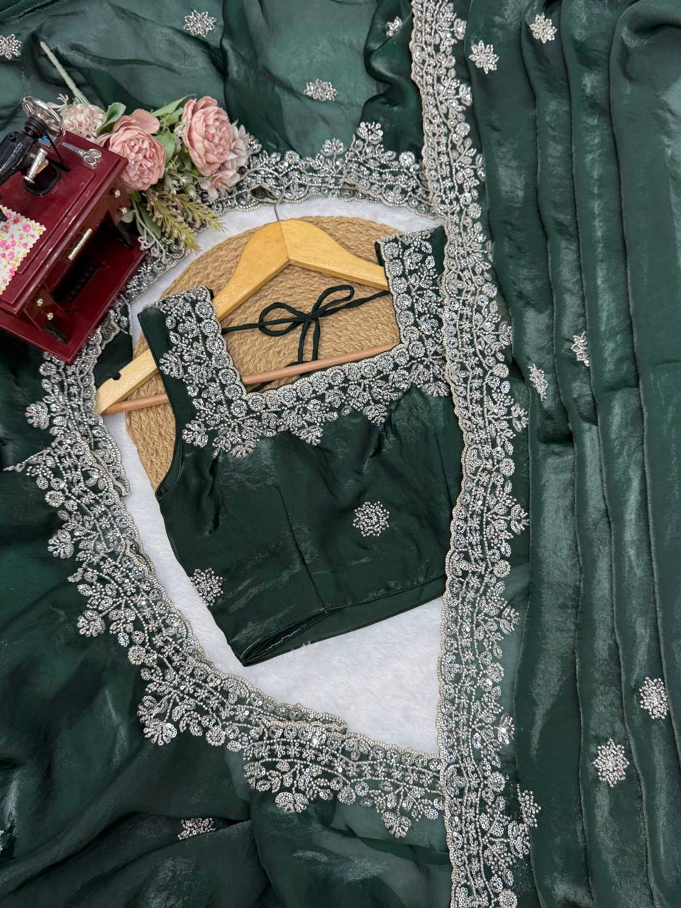 Deep Green Fendy Silk Saree with Heavy Beads & Sequin Work