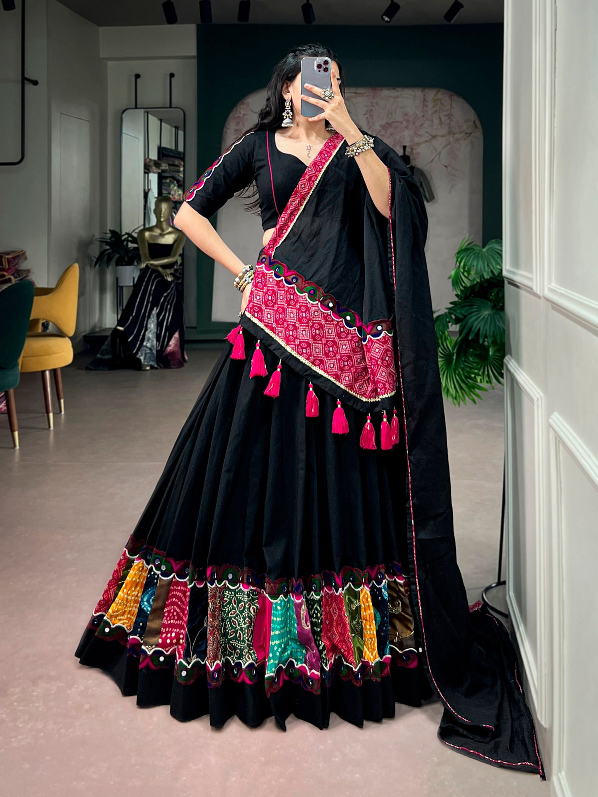 Navarathri Khadi Cotton Lehenga Set with Patchwork & Gamthi Lace