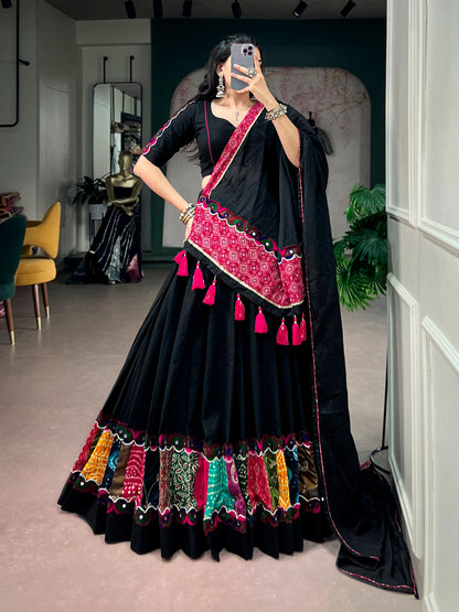Navarathri Khadi Cotton Lehenga Set with Patchwork & Gamthi Lace
