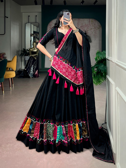 Navarathri Khadi Cotton Lehenga Set with Patchwork & Gamthi Lace
