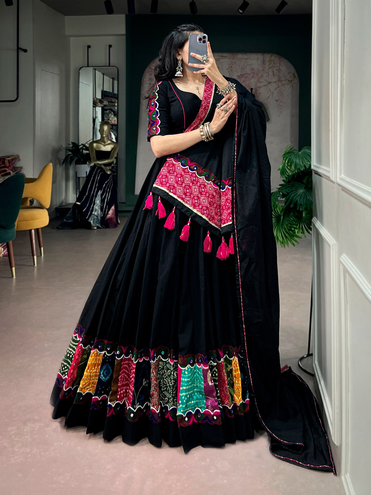 Navarathri Khadi Cotton Lehenga Set with Patchwork & Gamthi Lace