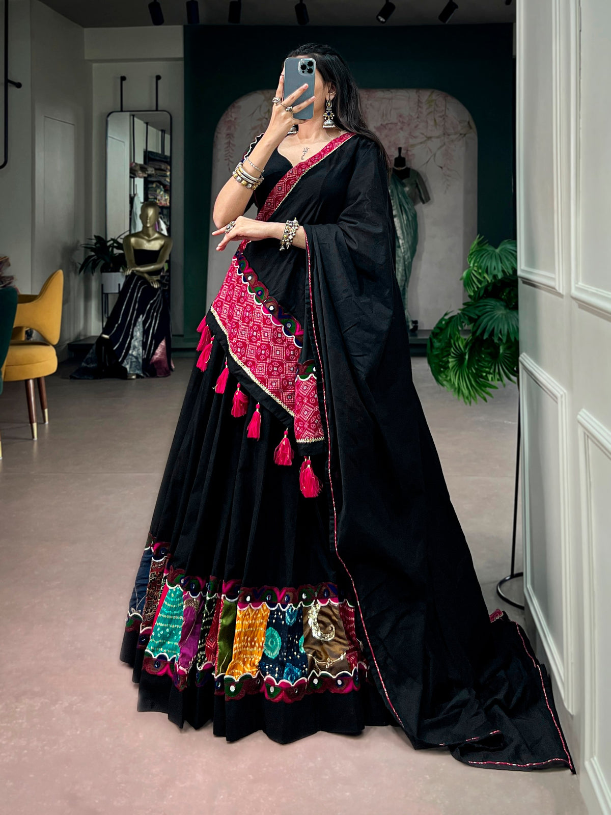 Navarathri Khadi Cotton Lehenga Set with Patchwork & Gamthi Lace
