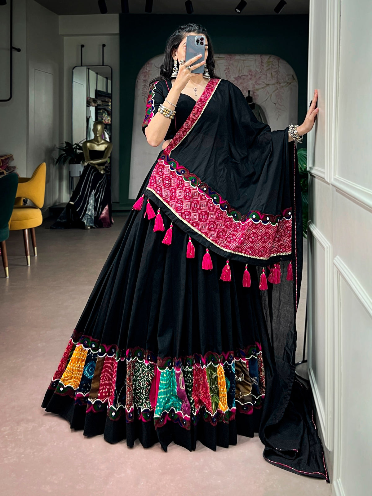 Navarathri Khadi Cotton Lehenga Set with Patchwork & Gamthi Lace