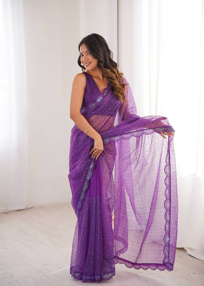 Purple Soft Net Sequin Embroidered Saree