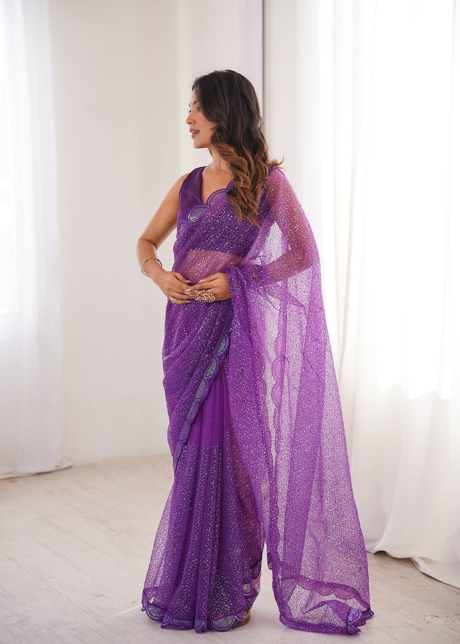 Purple Soft Net Sequin Embroidered Saree