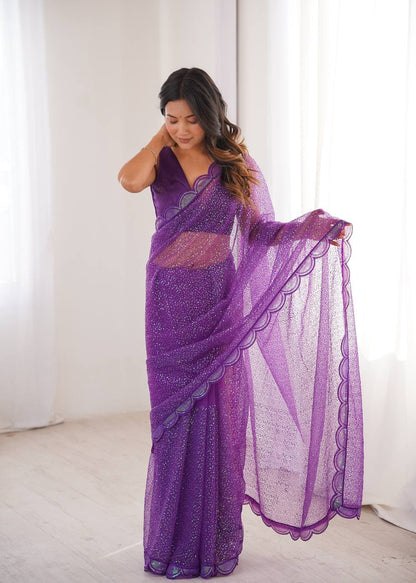 Purple Soft Net Sequin Embroidered Saree