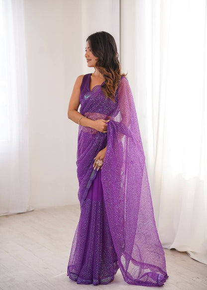Purple Soft Net Sequin Embroidered Saree