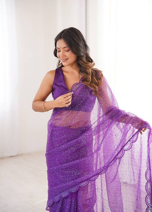 Purple Soft Net Sequin Embroidered Saree