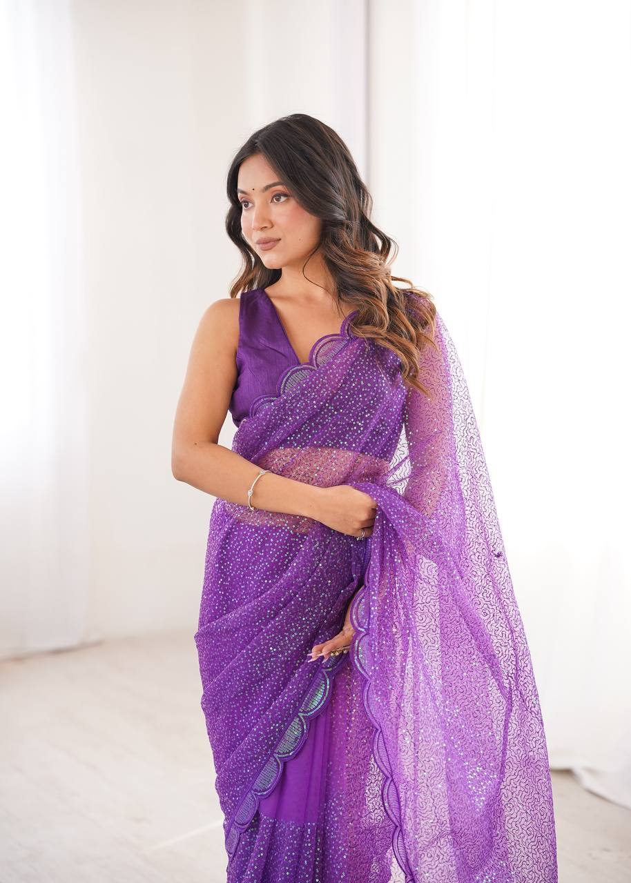 Purple Soft Net Sequin Embroidered Saree