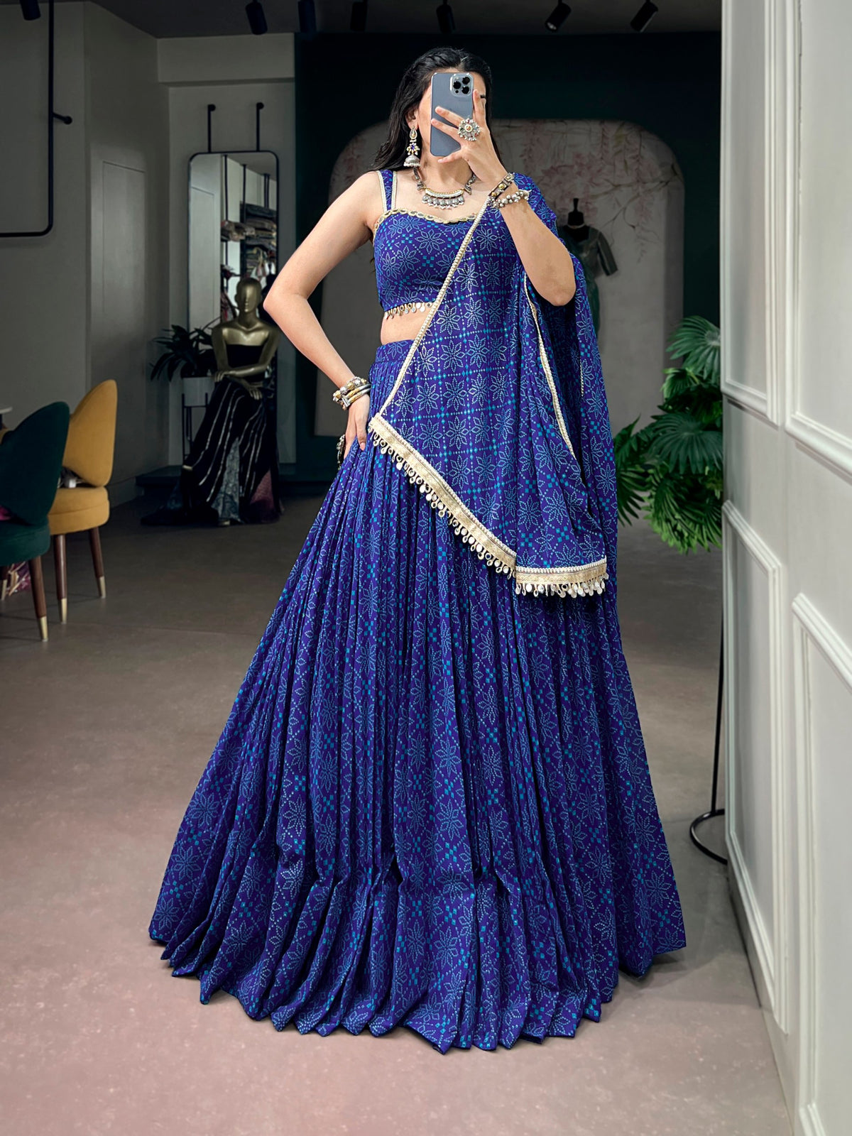 Royal Blue Georgette Lehenga with Bandhej Foil Print & Mirror Lace