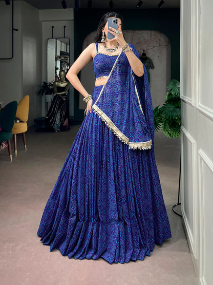 Royal Blue Georgette Lehenga with Bandhej Foil Print & Mirror Lace