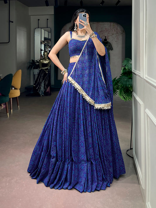 Royal Blue Georgette Lehenga with Bandhej Foil Print & Mirror Lace
