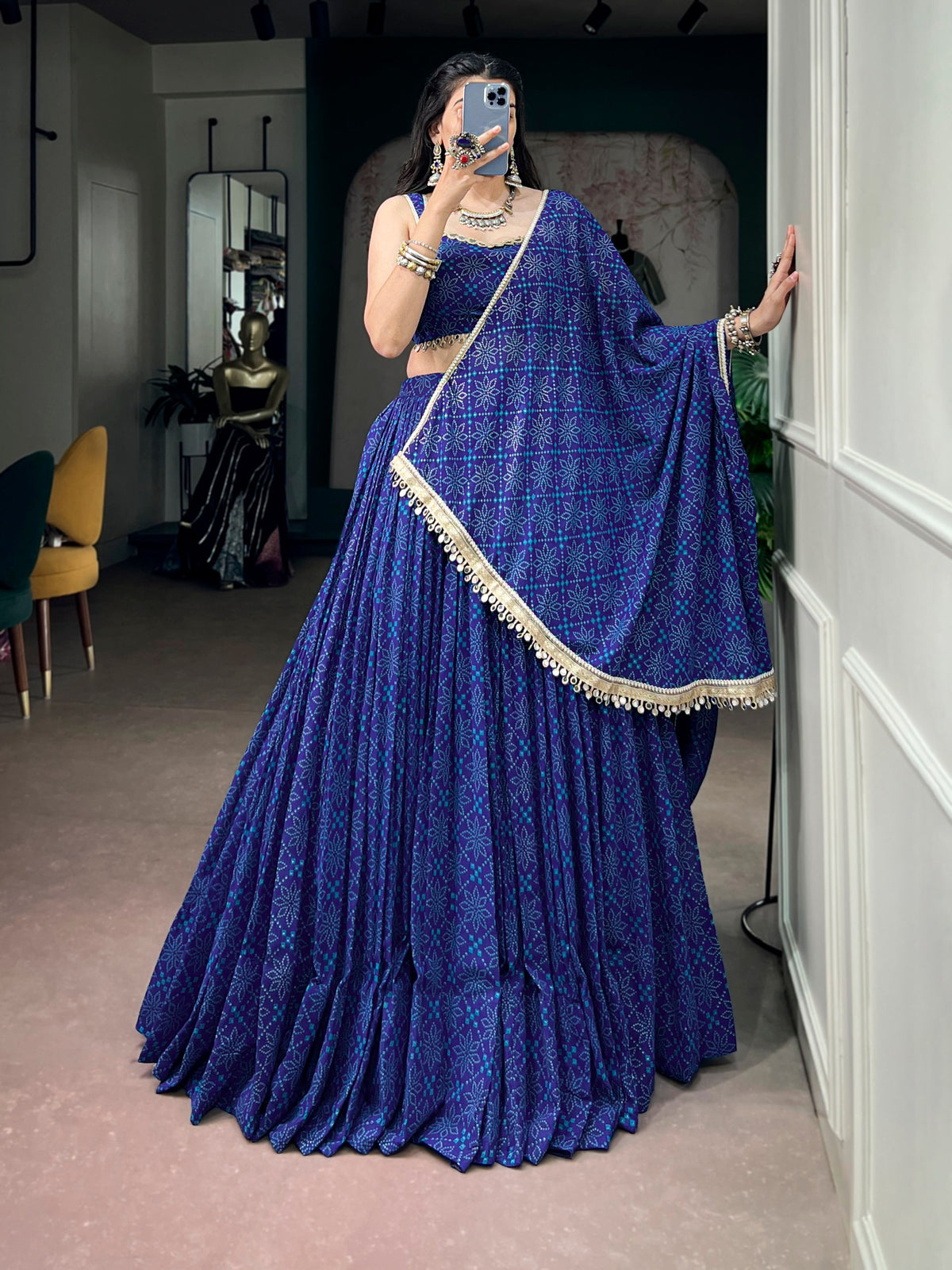 Royal Blue Georgette Lehenga with Bandhej Foil Print & Mirror Lace