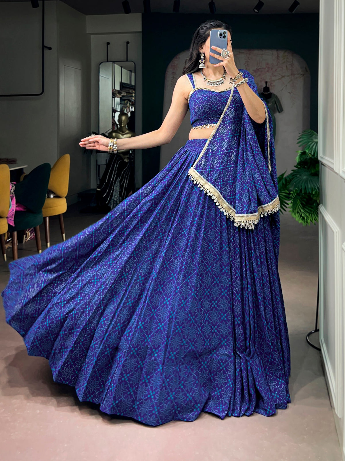 Royal Blue Georgette Lehenga with Bandhej Foil Print & Mirror Lace