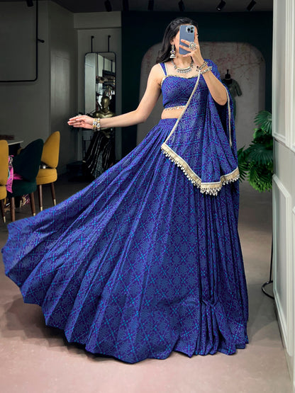 Royal Blue Georgette Lehenga with Bandhej Foil Print & Mirror Lace