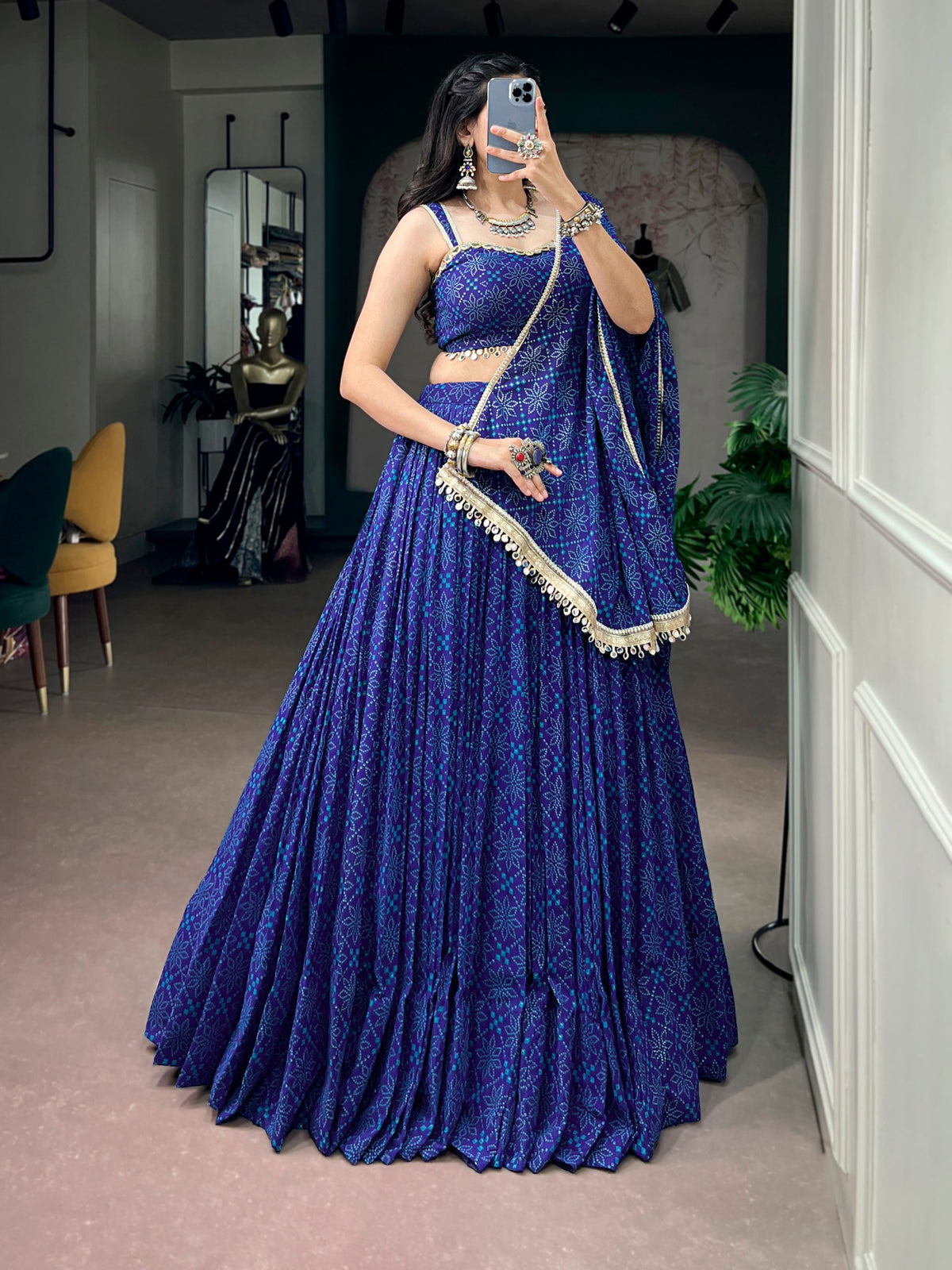 Royal Blue Georgette Lehenga with Bandhej Foil Print & Mirror Lace