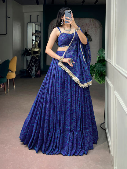 Royal Blue Georgette Lehenga with Bandhej Foil Print & Mirror Lace