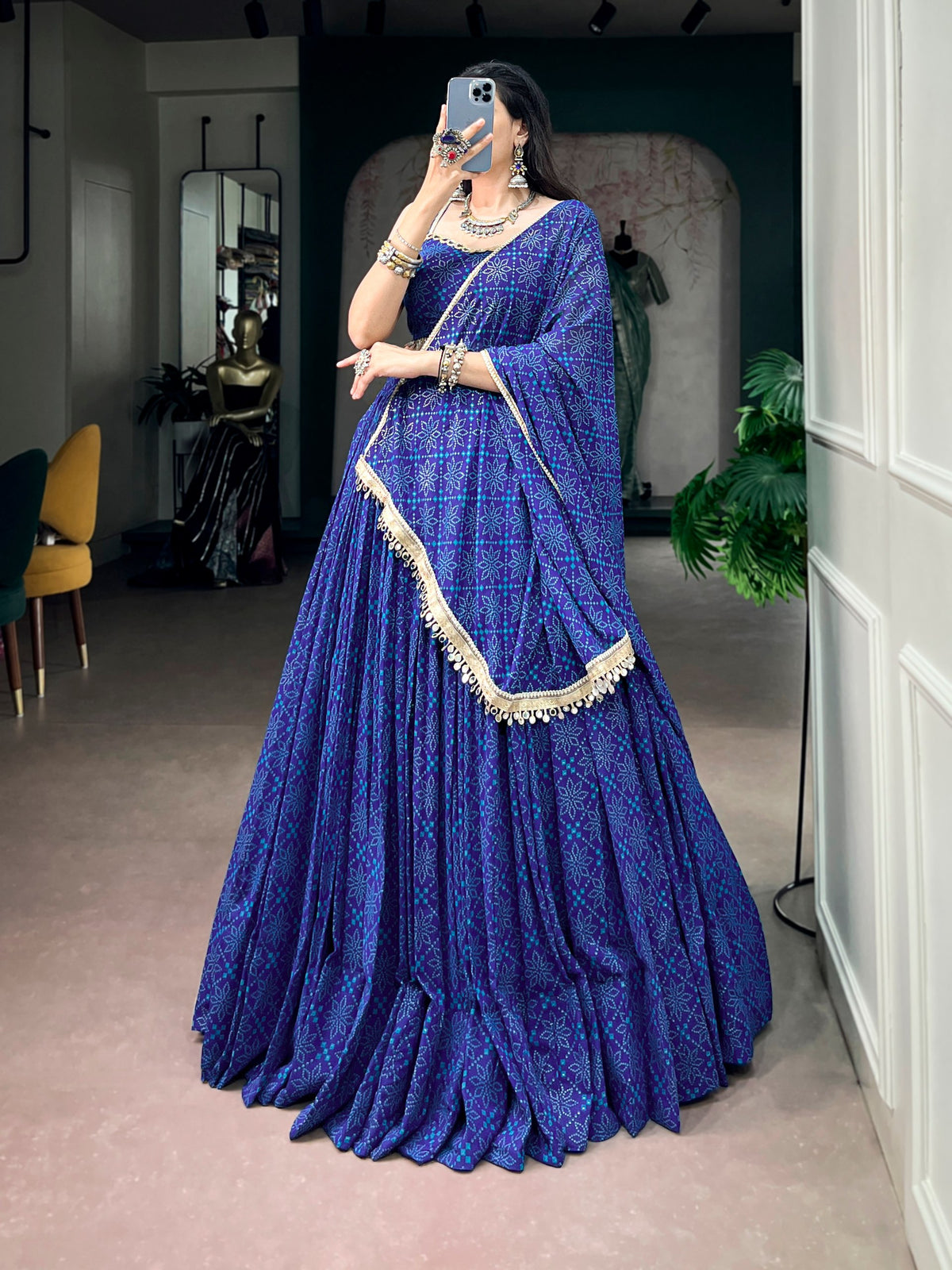 Royal Blue Georgette Lehenga with Bandhej Foil Print & Mirror Lace