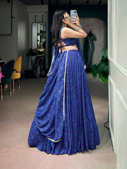 Royal Blue Georgette Lehenga with Bandhej Foil Print & Mirror Lace