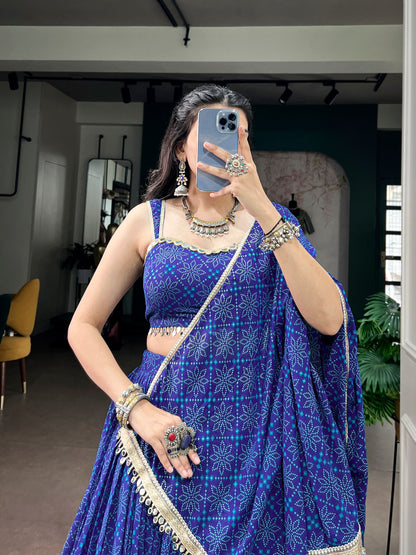 Royal Blue Georgette Lehenga with Bandhej Foil Print & Mirror Lace