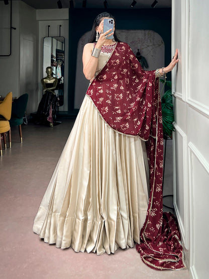 Monga Silk Navarathri Lehenga with Mirror Work Blouse & Satin Chiffon Dupatta