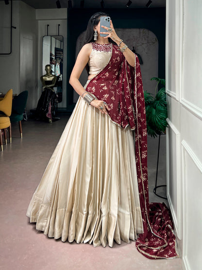 Monga Silk Navarathri Lehenga with Mirror Work Blouse & Satin Chiffon Dupatta