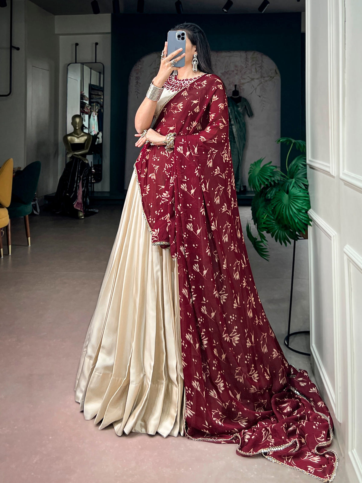 Monga Silk Navarathri Lehenga with Mirror Work Blouse & Satin Chiffon Dupatta