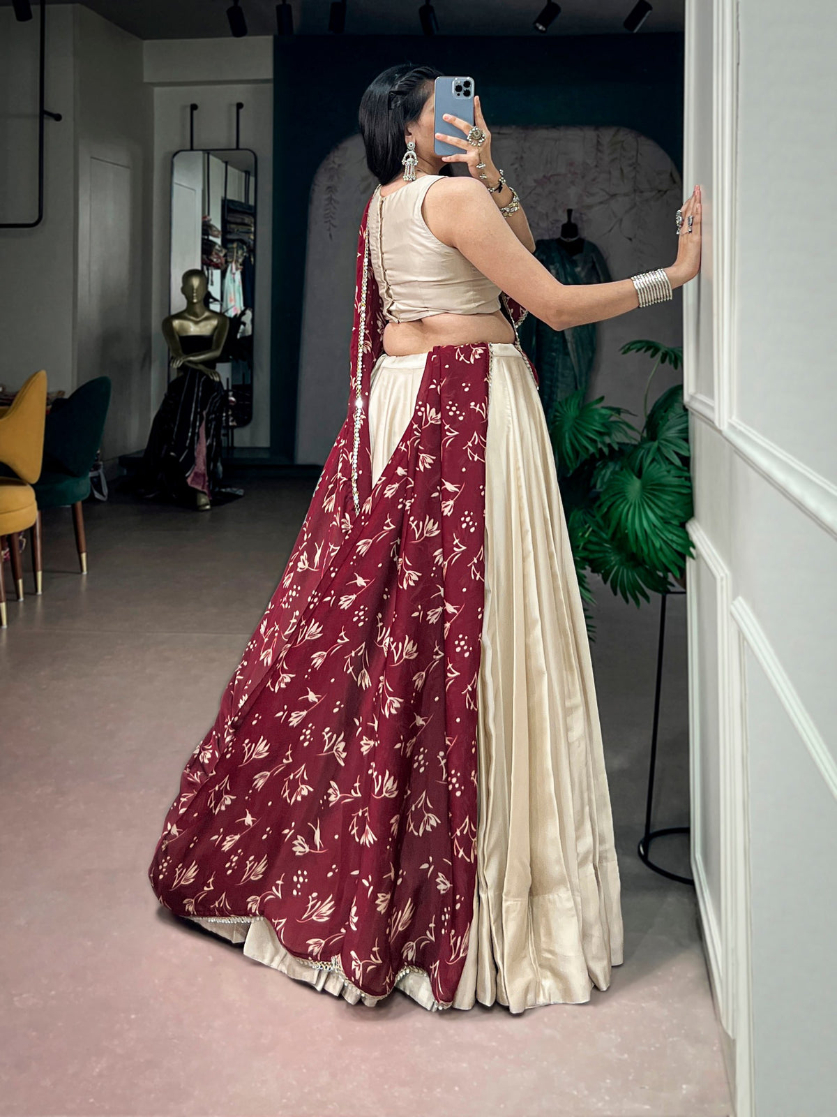 Monga Silk Navarathri Lehenga with Mirror Work Blouse & Satin Chiffon Dupatta