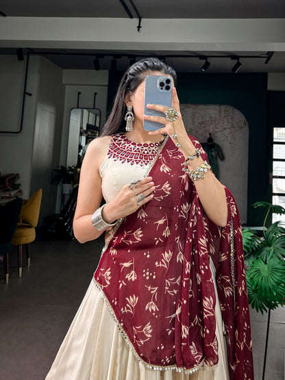 Monga Silk Navarathri Lehenga with Mirror Work Blouse & Satin Chiffon Dupatta