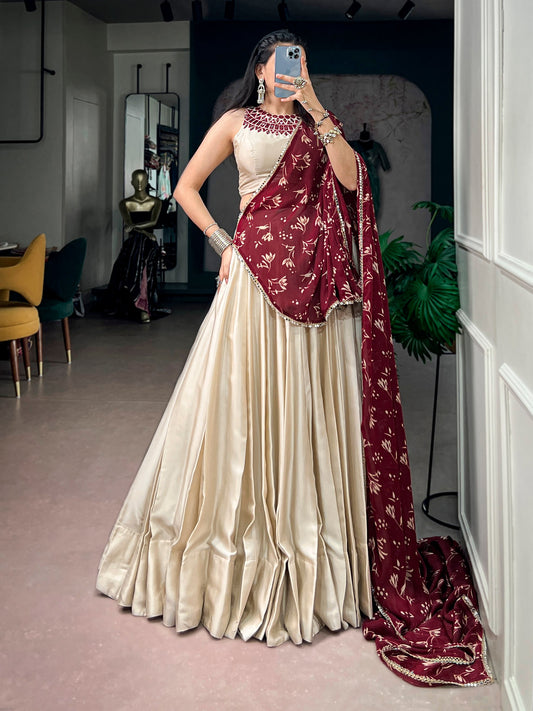 Monga Silk Navarathri Lehenga with Mirror Work Blouse & Satin Chiffon Dupatta